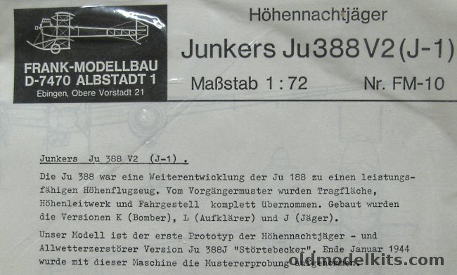 Frank Modellbau 1/72 Junkers Ju-388 V2(J-1) Conversion Kit - Bagged, FM-10 plastic model kit
